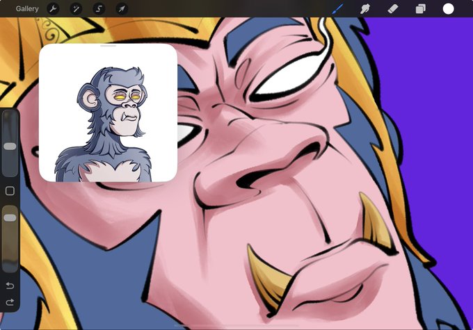 A digital drawing application interface showing a stylized cartoon face with spiky hair and fangs in the background, with a smaller reference image of a grayscale monkey character in the foreground.