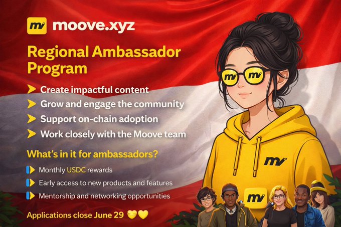 The image features a cartoon girl wearing a yellow hoodie with sunglasses on her head. The text of the image reads "Indonesia's Web3 ecosystem is growing fast @moovexyz has officially opened applications for its Regional Ambassador Program, giving creators, community leaders, and builders an opportunity to help drive adoption across the country".