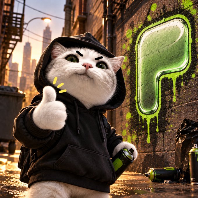A white cat in a dark hoodie gives a thumbs-up while holding a green spray paint can next to a freshly painted green 'P' on a brick wall.