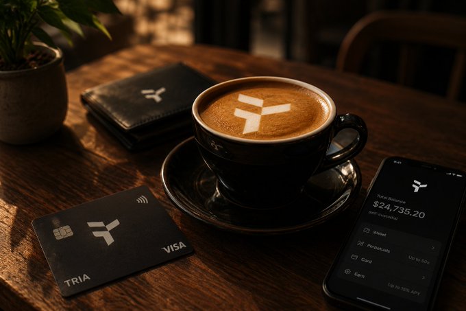 A black coffee cup with latte art sits on a wooden table next to a 'TRIA VISA' card, a black wallet, and a smartphone displaying a balance of '$24,735.20'.