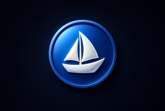 A blue circular icon featuring a white sailboat emblem on a dark background.