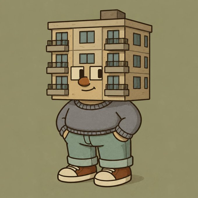 A cartoon character with an apartment building for a head smiles cheerfully, wearing a gray sweater and cuffed jeans. The post's reference to "chillin' in my condo" cleverly plays on the literal apartment building as the character's head, with the mention of @Ondo likely tying into a crypto or finance theme.
