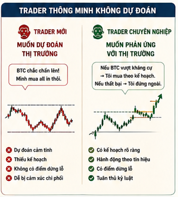 A Vietnamese infographic titled 'TRADER THÔNG MINH KHÔNG DỰ ĐOÁN' (Smart Traders Don't Predict) comparing a new trader's emotional approach versus a professional trader's reactive strategy with BTC chart examples.