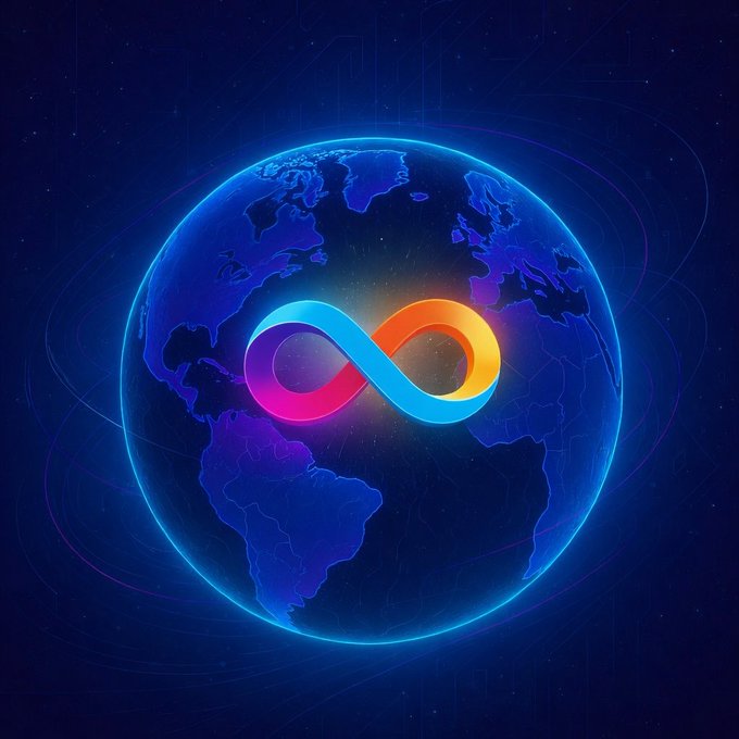 A digital illustration of Earth with a glowing, multicolored infinity symbol overlaid on a dark blue background with circuit patterns.