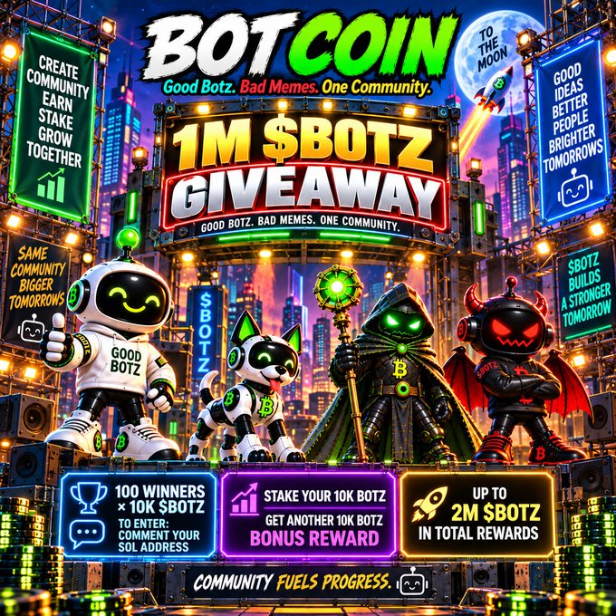 The image is a vibrant promotional graphic for the "BOTCOIN 1M $BOTZ GIVEAWAY," featuring cartoon robots, a hooded crypto figure, and a red demonic character set against a futuristic cityscape with a moon and rocket. It highlights key details from the post: "100 Winners × 10K BOTZ," a staking bonus offering "Another 10K BOTZ" for staking, and rewards "Up To 2M $BOTZ in Total Rewards," emphasizing the community-driven, meme-themed crypto event.
