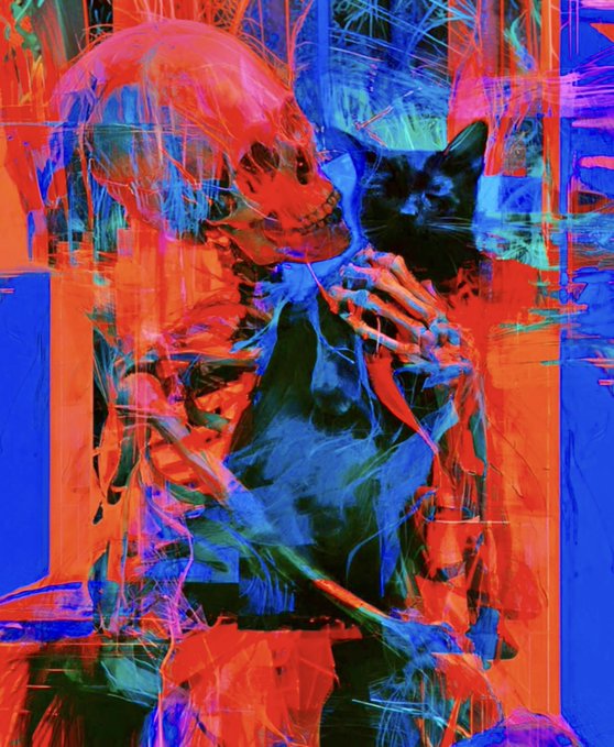 A vibrant, glitch-style digital artwork depicting a black cat surrounded by a colorful, chaotic swirl of red, blue, and orange abstract lines and shapes.