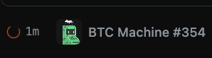 A thumbnail icon showing a green pixel art Bitcoin ATM machine labeled 'BTC Machine #354' with a 1-month timeframe indicator.