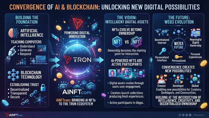 An infographic titled 'CONVERGENCE OF AI & BLOCKCHAIN: UNLOCKING NEW DIGITAL POSSIBILITIES' by AiNFT.com, covering topics like Artificial Intelligence, Blockchain Technology, TRON-powered digital innovation, the evolution of NFTs, and the future of Web3.