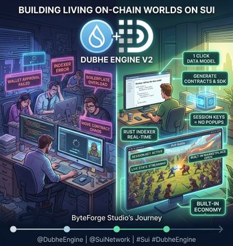 A promotional graphic titled 'BUILDING LIVING ON-CHAIN WORLDS ON SUI' featuring Dubhe Engine V2 by ByteForge Studio, highlighting features like 1 Click Data Model, Generate Contracts & SDK, Session Keys & No Popups, Rust Indexer Real-Time, and Built-In Economy.