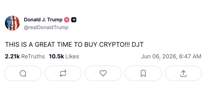 The main focus of the image is a social media post that was made by someone named Donald J Trump, who has an online following. The post reads "This is a great time to buy Bitcoin!" This statement is related to the content of a tweet posted by Donald J Trump on Twitter. It suggests that due to certain factors like cryptocurrency market trends or opportunities for financial gain, Donald J Trump considers this moment ripe and favorable to invest in Bitcoin.