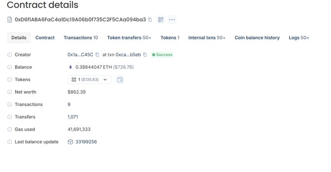 A contract details page for address 0xD6f1ABA6FaC4a1Dc19A06b0f735C2F5C9c094ba3 shows a balance of 0.38844047 ETH ($726.76), 1 token (worth $135.63), net worth of $862.39, 9 transactions, and 1,071 transfers.