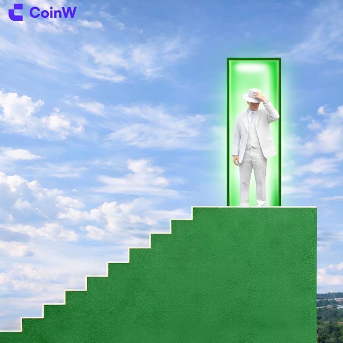 A man in a white suit stands in a glowing green doorway at the top of a green staircase, looking down at his phone—with the "CoinW" logo visible in the top-left corner—visually reinforcing the message of stopping to "type your number" before declaring success. The image suggests that achieving one's goal (reaching the top) requires pausing to act on the opportunity, much like submitting a number before claiming victory.