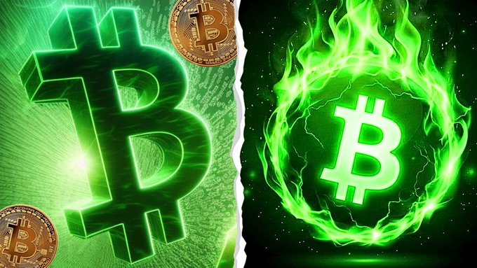 A split image displays two glowing green Bitcoin symbols: a 3D block-style 'B' on the left and a flaming circular 'B' on the right, set against backgrounds of physical Bitcoin coins.
