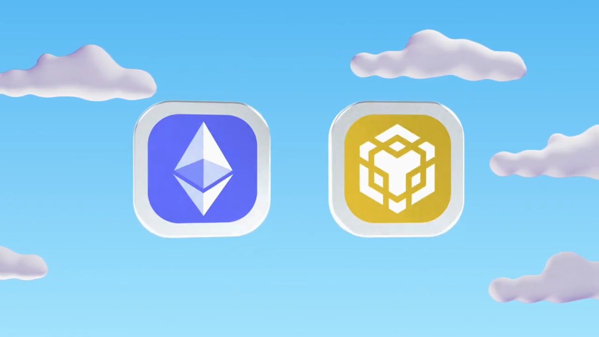 Two 3D app icons displayed against a sky background with clouds—one for Ethereum (ETH) in purple/blue and one for BNB in yellow.