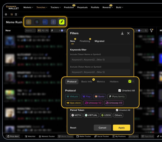 A screenshot of the Binance Wallet interface showing the 'Meme Rush' filter panel, which includes keyword filters and protocol options like Virtuals, Flap, Bankr, and Uniswap V2/V3.
