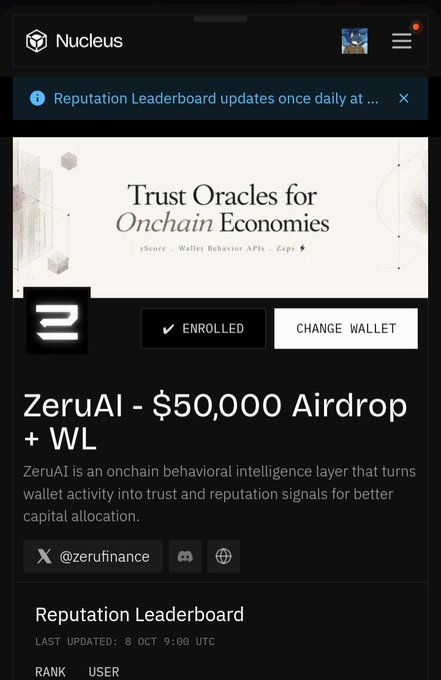 A mobile screenshot of the 'Nucleus' platform shows a 'Trust Oracles for Onchain Economics' banner and details for 'ZeruAI - $50,000 Airdrop + WL'.