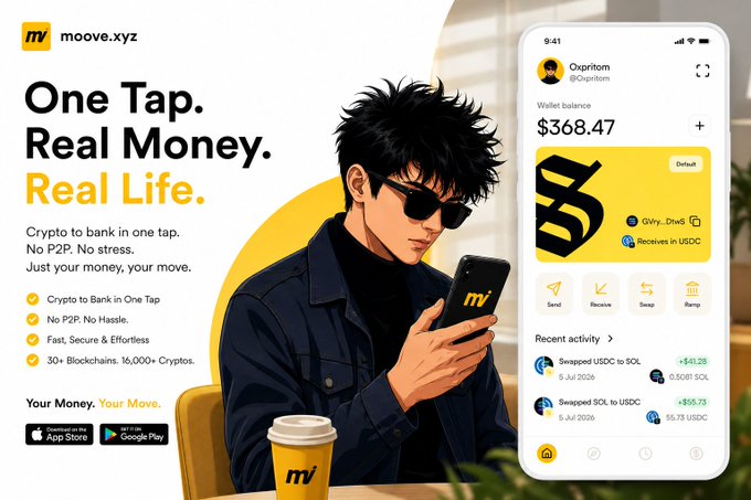 Moove.xyz promotional banner 'One Tap. Real Money. Real Life.' advertising crypto-to-bank conversion with no P2P hassle across 30+ blockchains and 16,000+ cryptos, showing a wallet balance of $368.47 with Send, Receive, Swap, and Ramp features.