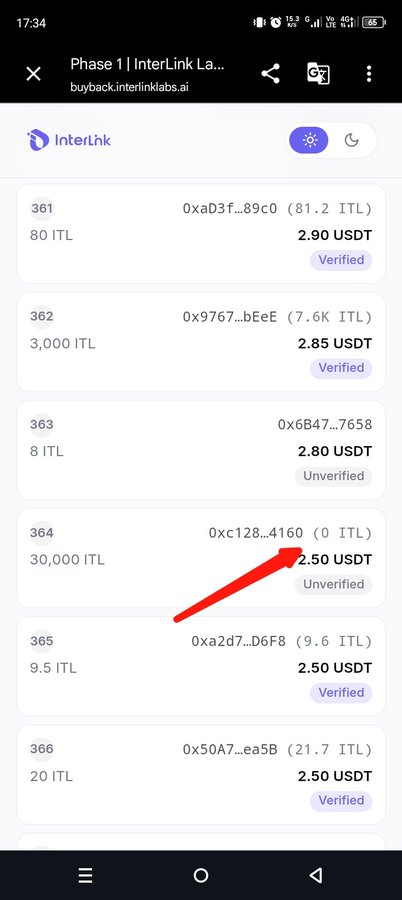 A mobile screenshot of buyback.interlinklabs.ai shows a list of ITL token purchases, with a red arrow pointing to item 364 listing '30,000 ITL' at '2.50 USDT'.