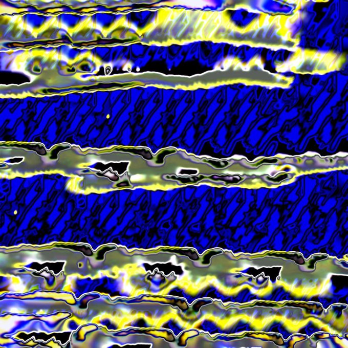 An abstract digital artwork featuring horizontal bands of distorted, wavy patterns in vibrant blue, yellow, and white.