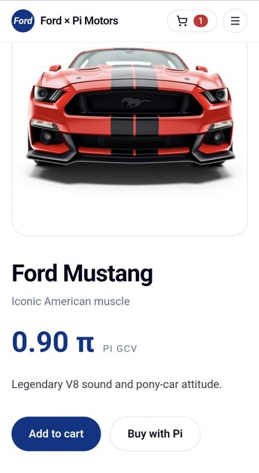 A product page from "Ford x Pi Motors" showing a red Ford Mustang Shelby with black racing stripes, listed at 0.90 Pi (Pi GCV) with the tagline "Iconic American muscle."