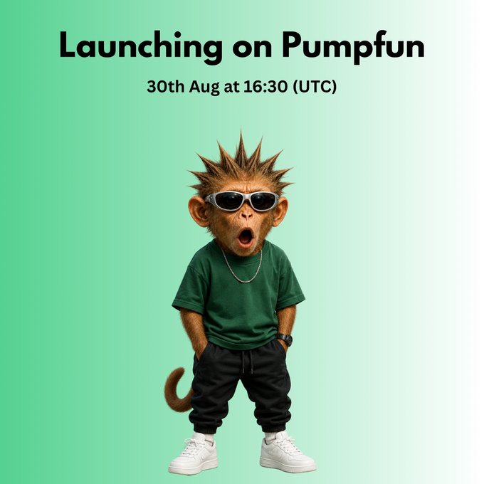 A promotional image with the text 'Launching on Pumpfun 30th Aug at 16:30 (UTC)' featuring a digitally rendered monkey character wearing sunglasses, a green shirt, and white sneakers.