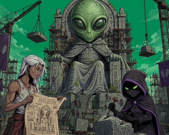 Illustrated artwork depicting a large stone alien statue being constructed, with a white-haired figure holding schematics and a cloaked hooded figure with green glowing eyes.