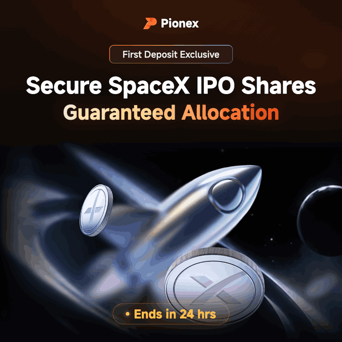 The image features a rocket flying through space with the text "Spacex IPO Shares" written above it, indicating that there are shares available for purchase. The image also includes a coin symbolizing the tokenization of these shares. The post is titled "24 hours left! Tokenized SpaceX IPO shares. Guaranteed allocation. $SPCX → pionex.com/en/activities/ ...". This suggests that there is still time to invest in the shares, and they are backed by a company called Spacex.