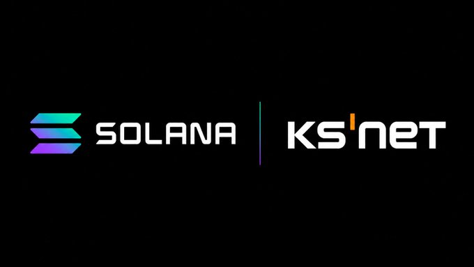 The image displays two logos side by side on a black background: the Solana blockchain logo on the left and the 'KS'NET' logo on the right, separated by a thin vertical line.