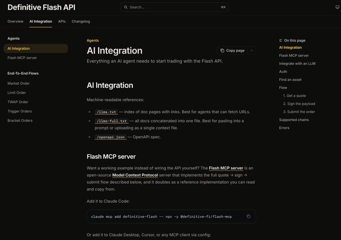 Documentation webpage for 'Definitive Flash API' showing the 'AI Integration' section with details about the Flash MCP server and a command to 'claude mcp add definitive-flash -- npx -y @definitive-fi/flash-mcp'.