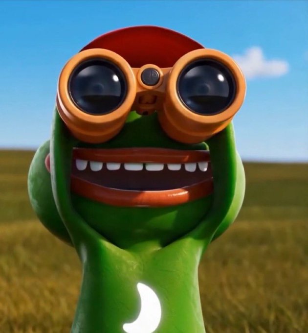 A cheerful green cartoon character wearing binoculars and a red cap grins widely in a grassy field under a blue sky, symbolizing the optimistic forward-looking vision for Litecoin's Virtual Machine ecosystem. The binoculars suggest "looking ahead" at the new layer-2 opportunities like DeFi, yields, and AI coding agents that 60% of voters are eager to explore with $LTC.