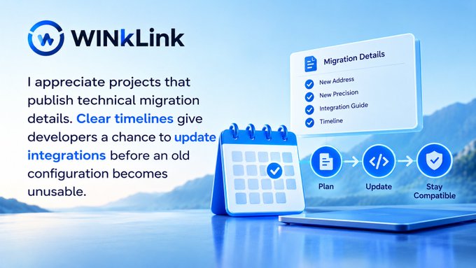 WINkLink promotional graphic praising projects that publish technical migration details, showing a checklist with 'Migration Details: New Address, New Precision, Integration Guide, Timeline' and icons for Plan, Update, and Stay Compatible.