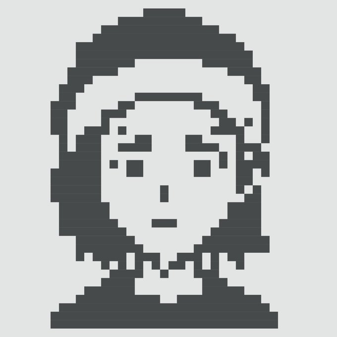 A pixel art black and white portrait of a person's head and shoulders.