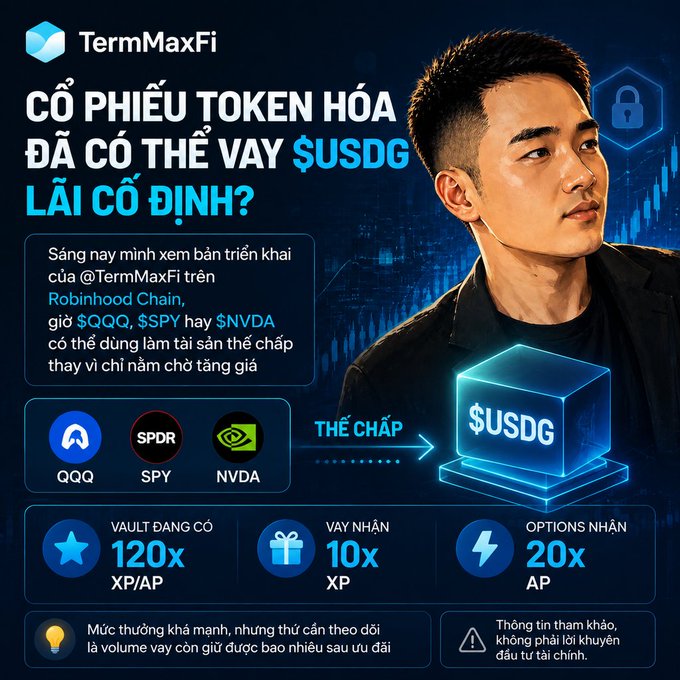 An advertisement for TermMaxFi on Robinhood Chain promoting tokenized stock collateralization, offering $USDG loans against $QQQ, $SPY, and $NVDA with vault XP/AP multipliers of 120x and borrowing/options multipliers of 10x/20x.