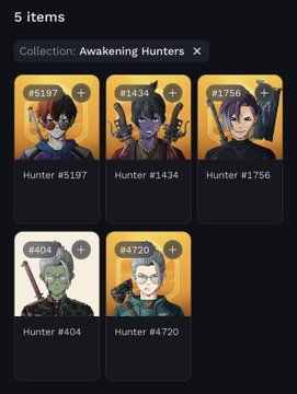 A digital collectible interface showing 5 NFT items from 'Awakening Hunters' collection, including Hunter #5197, #1434, #1756, #404, and #4720.