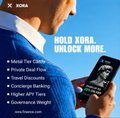 An advertisement for the XORA platform with the text 'HOLD XORA, UNLOCK MORE' listing benefits like Metal Tier Claim, StableX Pool, Travel Discounts, Concierge Service, and Governance Weight.
