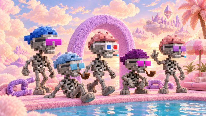 A whimsical 3D-rendered scene of blocky skeleton figures wearing colorful beanies and sunglasses posing by a pool in a pastel candy-themed landscape.