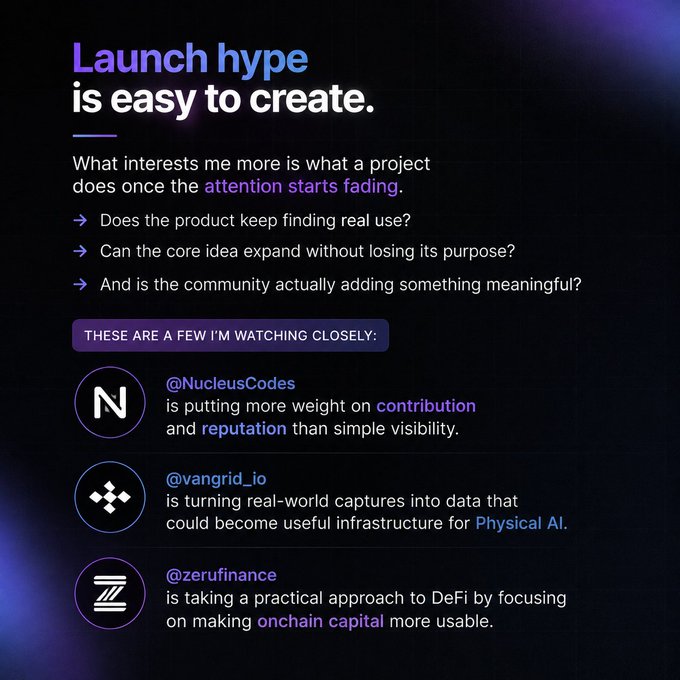 A styled graphic with the headline "Launch hype is easy to create," highlighting projects @NucleusCodes, @vangrid_io, and @zerufinance that are focused on long-term substance—contribution over visibility, Physical AI infrastructure, and usable onchain capital—rather than short-term attention. The visual reinforces the post's message that a project's most meaningful work emerges after the initial hype fades, when teams must prove real utility.