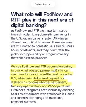 A webpage from fireblocks.com titled "What role will FedNow and RTP play in this next era of digital banking?" explains that FedNow and RTP are modernizing ACH payments with real-time settlement for domestic U.S. transactions, including tokenized deposits and stablecoins, but they remain limited to domestic rails—making Ripple's role for global settlement complementary rather than overlapping.