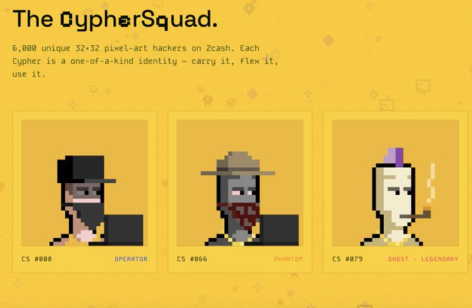 A promotional graphic for 'The CypherSquad' featuring three pixel-art hacker characters: CS #008 Operator, CS #066 Phantom, and CS #079 Ghost (Legendary), described as 6,000 unique 32x32 pixel-art hackers on Zcash.