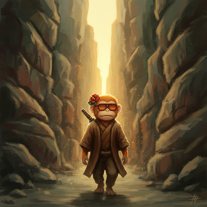 A digital painting of a small monkey dressed in a brown robe with a red flower on its head, standing in a rocky canyon with a sword on its back.