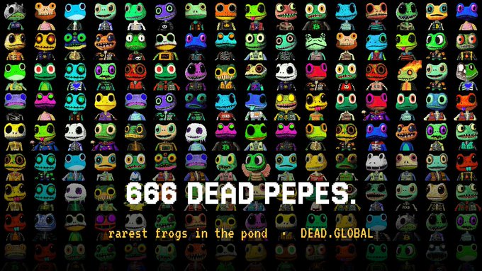 A promotional graphic for '666 DEAD PEPES: rarest frogs in the pond' by DEAD.GLOBAL, showing a grid of colorful pixel-art frog characters.