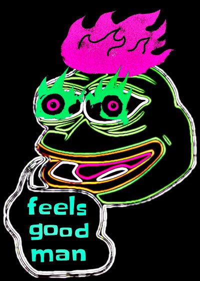 The image features a neon face with pink hair, wearing a green shirt that says "feels good man" written below it. The background of the image is black, which contrasts with the colorful neon face. The caption above the image reads "Gm COPYXPASTE by D Shorty". This suggests that the image might be related to a humorous or satirical post on social media, possibly featuring an exaggerated depiction of someone's appearance and the accompanying text.