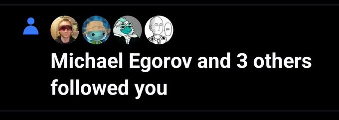 The image features a black background with white text that reads "Michael Egov and 3 others followed you". The text is centered, making it easy to read. The main focus of the image is the message posted by Michael Egov on social media.
