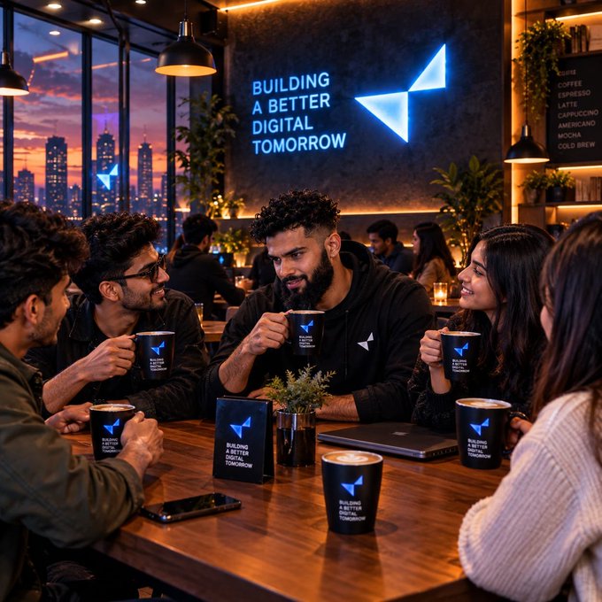 A group of people gathered in a coffee shop at sunset, holding branded mugs with a blue logo that reads "BUILDING A BETTER DIGITAL TOMORROW," which is also displayed as a neon sign on the wall behind them.