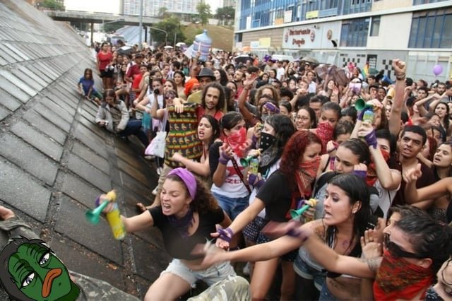 A large crowd of demonstrators, mostly women, are gathered in a street protest, with some appearing to confront each other while holding water guns; visible signage includes "The Harmreduction Program." In the context of the post titled "double top," the image visually represents a "top" formation—suggesting a market peak or reversal point—much like the tense standoff and raised resistance at the front of the crowd, signaling potential exhaustion of upward momentum.