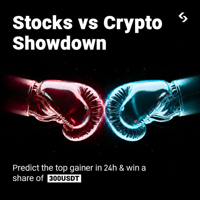 The image shows two boxing gloves, one red and one blue, positioned above a black background that says "Stocks vs Cryptos Showdown". The red glove has its mouth wide open while the blue glove is slightly closed. There are also some words related to a contest or promotion, such as "Win a share of $300 USDT" and "Post your daily stock predictions at [link]".