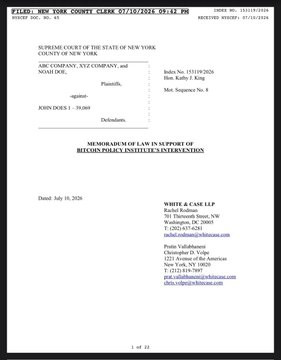 This image shows a legal memorandum from the New York County Supreme Court dated 07/10/2024, filed in a case involving the plaintiff ABC Company, XYZ Company, and Nomad Dog against John Does 1-99,000 regarding a "Memorandum of Law in Support of Bitcoin Policy Institute Intervention." The filing, prepared by White & Case LLP attorneys, relates to the Bitcoin Policy Institute's effort to intervene in a New York case concerning whether long-held, self-custodied Bitcoin should be classified as abandoned property or simply "HODLed."