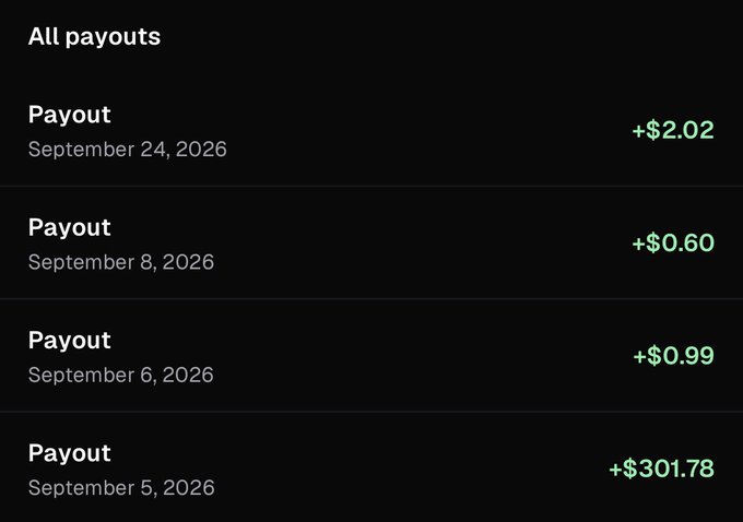 A screen showing 'All payouts' with entries: September 24, 2026 (+$2.02), September 8, 2026 (+$0.60), September 6, 2026 (+$0.99), and September 5, 2026 (+$301.78).