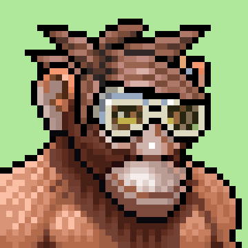 A pixel art portrait of a brown monkey or ape wearing white-rimmed sunglasses against a light green background.