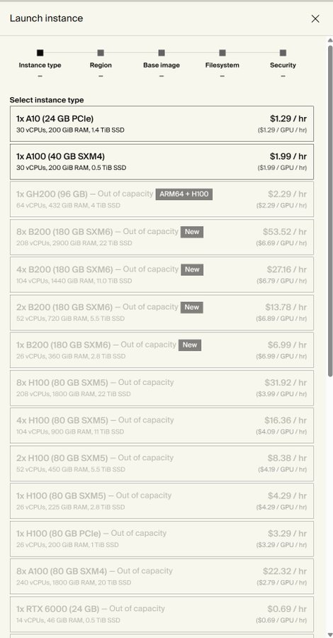 A "Launch instance" configuration screen displays various GPU instance types and their pricing, ranging from $0.69/hr for a 1x RTX 6000 to $53.52/hr for 8x B200 GPUs, with many options marked "Out of capacity." The image supports the post's invitation by showcasing available GPU rental options and pricing for potential cloud compute customers.